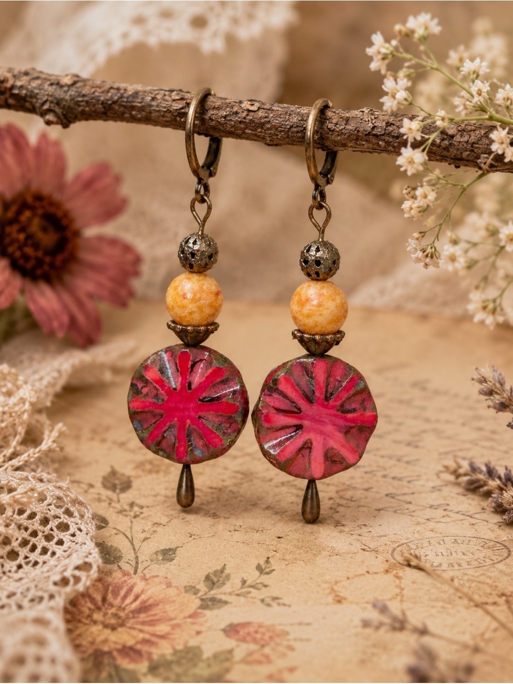 Czech Glass Sunburst Earrings, Bronze Boho Floral Dangle